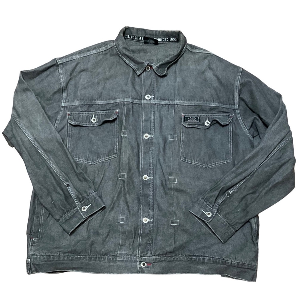 Vintage US Polo Assn Mens XXXL Black Denim Trucker Jacket Gray 3XL Big and Tall